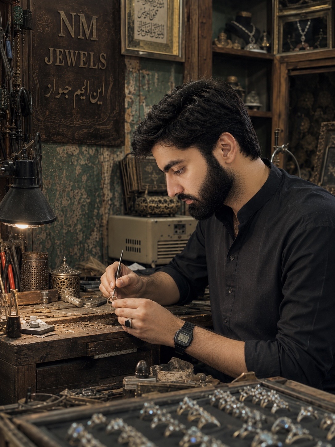 Artisan hand-finishing a ring at the NM Jewels bench